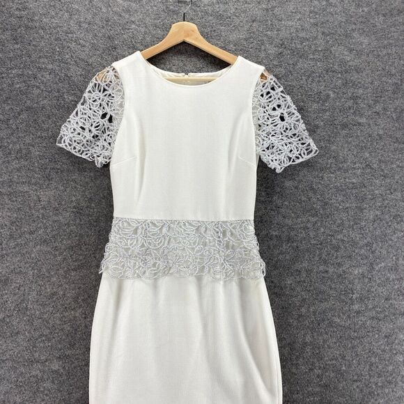 Badgley Mischka Dress Women 4 White Sheath Midi Zipper Lined Short Sleeve - Picture 3 of 9